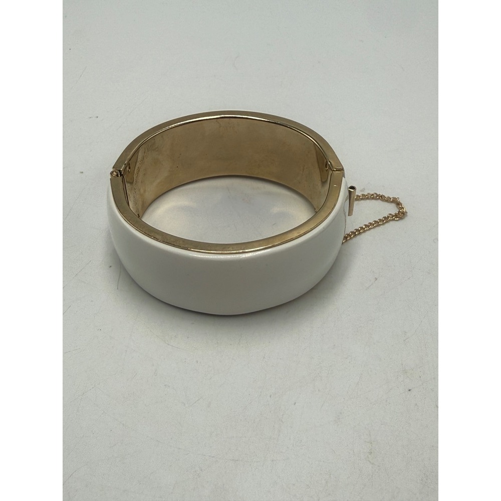 White Enamel Gold Tone Hinged Bangle Bracelet with Safety Chain Wide Cuff